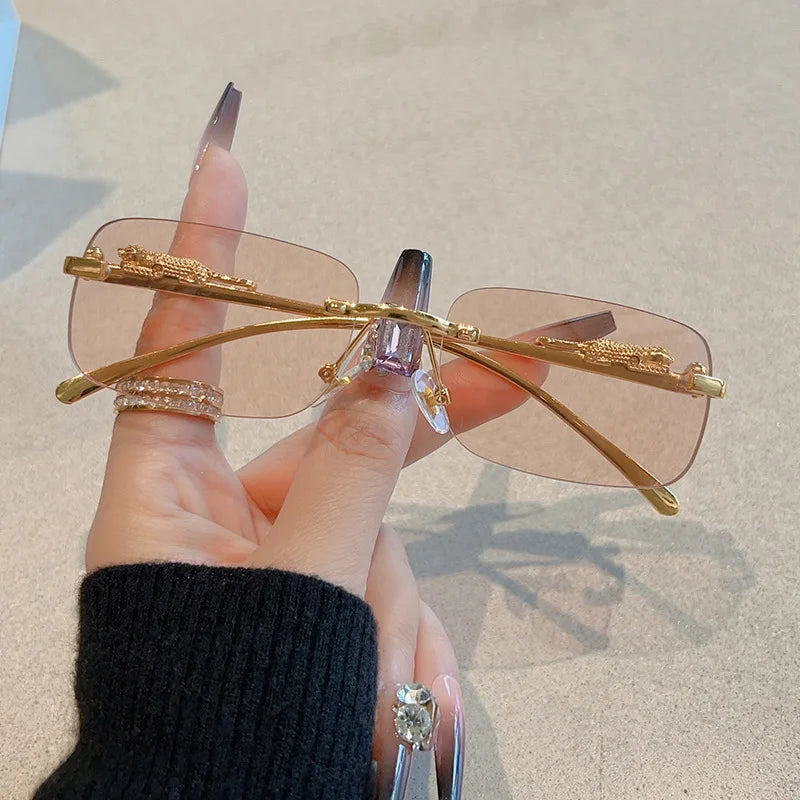 Protective Glasses 12Pcs Brand Leopard Rimless Rectangle Sunglasses Fashion Y2K Frameless Sun Glasses Shades for Women Men UV400