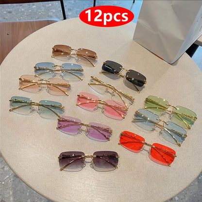 Protective Glasses 12Pcs Brand Leopard Rimless Rectangle Sunglasses Fashion Y2K Frameless Sun Glasses Shades for Women Men UV400