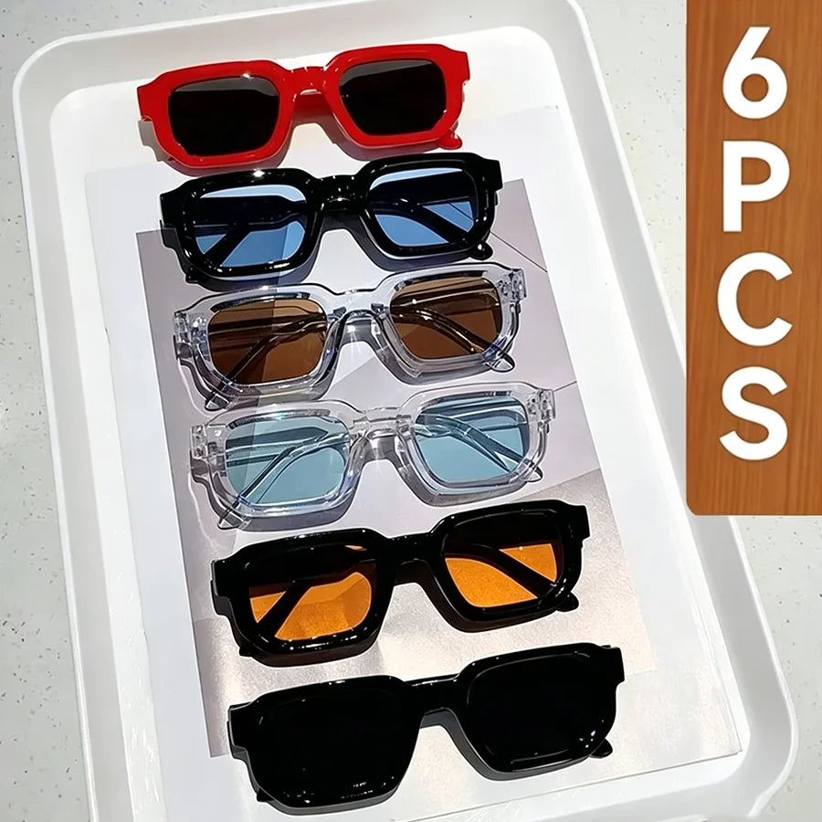 6Pcs/Set Women Vintage Rectangle Frame Sunglasses Fashion Retro Sun Glasses Luxury Brand Design Glasses Eyewear Men Goggle